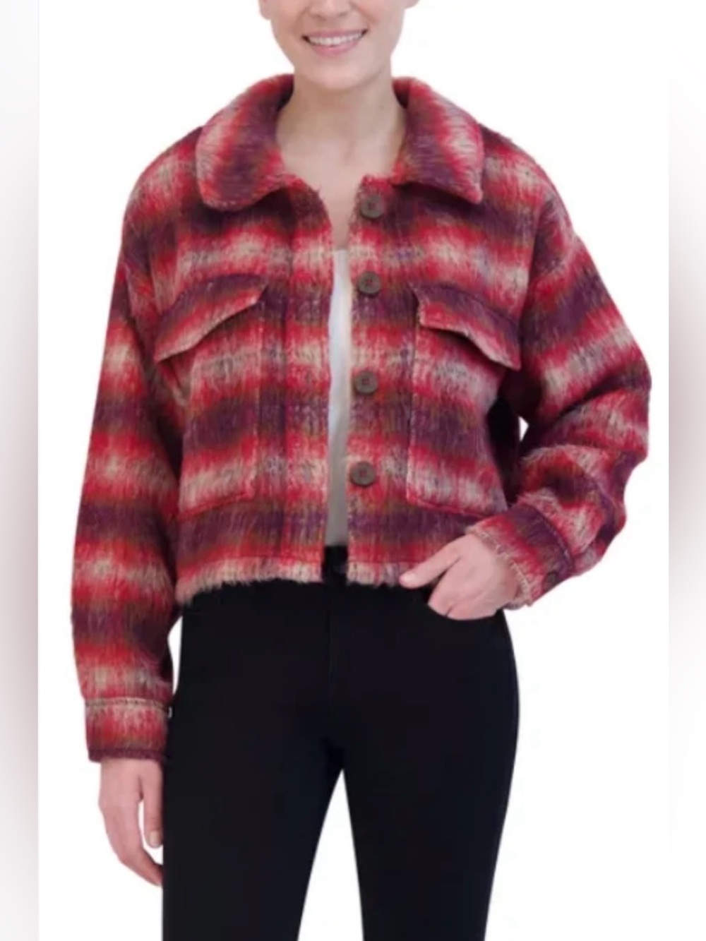 Cropped Red Multi Plaid Shacket with Button Front